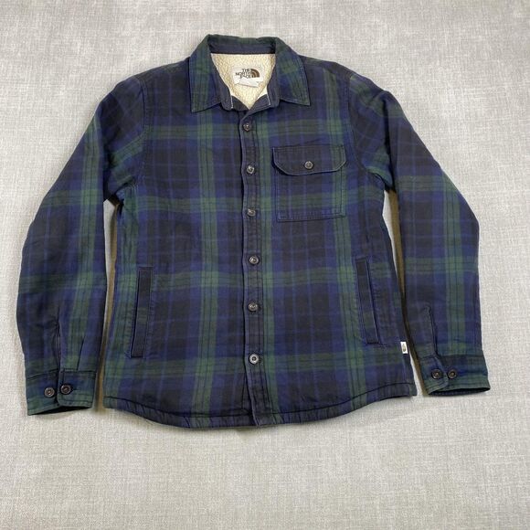 North Face Jacket Mens Small Blue Green Plaid Sherpa Lined Workwear Shacket F21 - Picture 1 of 11